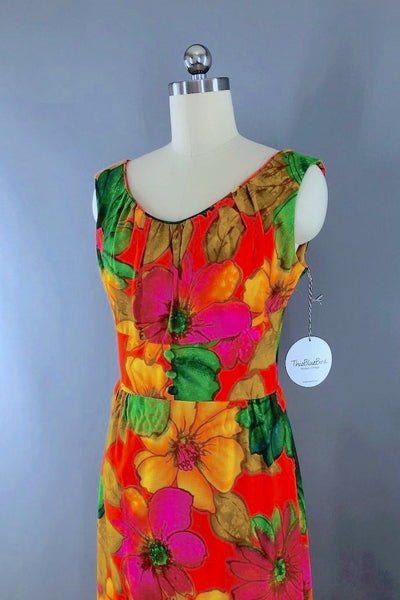 Vintage Orange Hawaiian Print Maxi Dress-ThisBlueBird