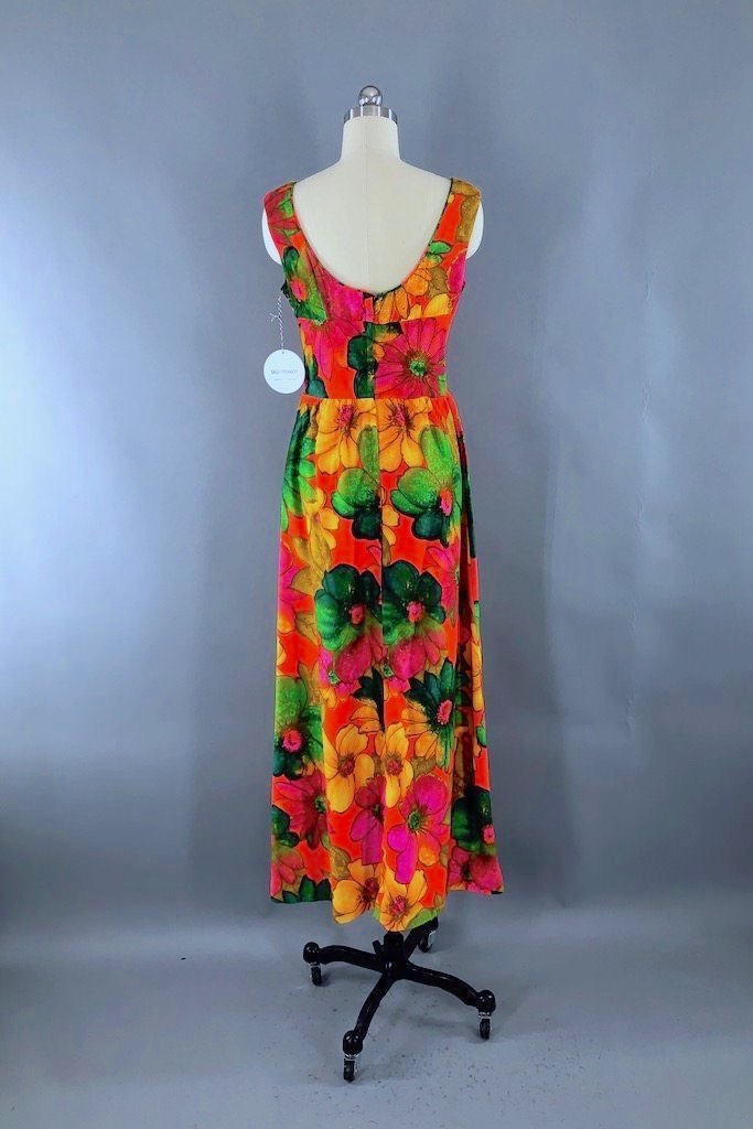 Vintage Orange Hawaiian Print Maxi Dress-ThisBlueBird