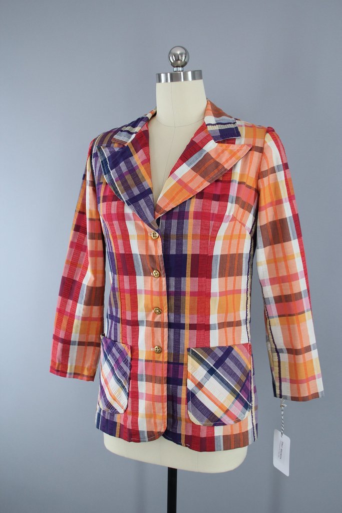 Vintage 1980s Orange Madras Plaid Blazer - ThisBlueBird