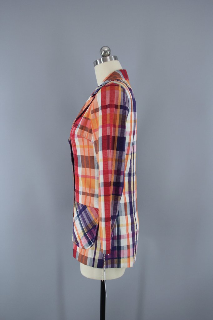 Vintage 1980s Orange Madras Plaid Blazer - ThisBlueBird
