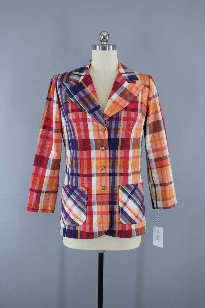 Vintage 1980s Orange Madras Plaid Blazer - ThisBlueBird