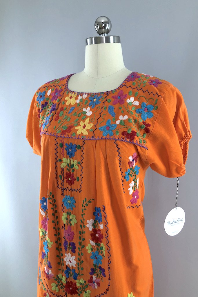 Vintage Orange Mexican Embroidered Dress-ThisBlueBird - Modern Vintage