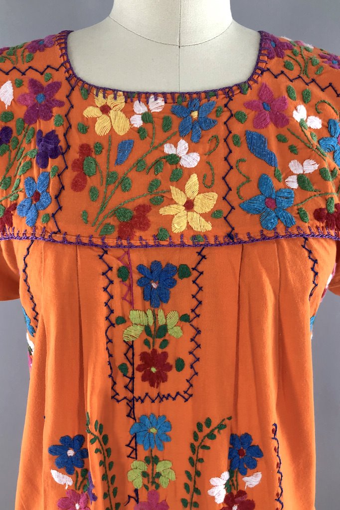 Vintage Orange Mexican Embroidered Dress-ThisBlueBird - Modern Vintage