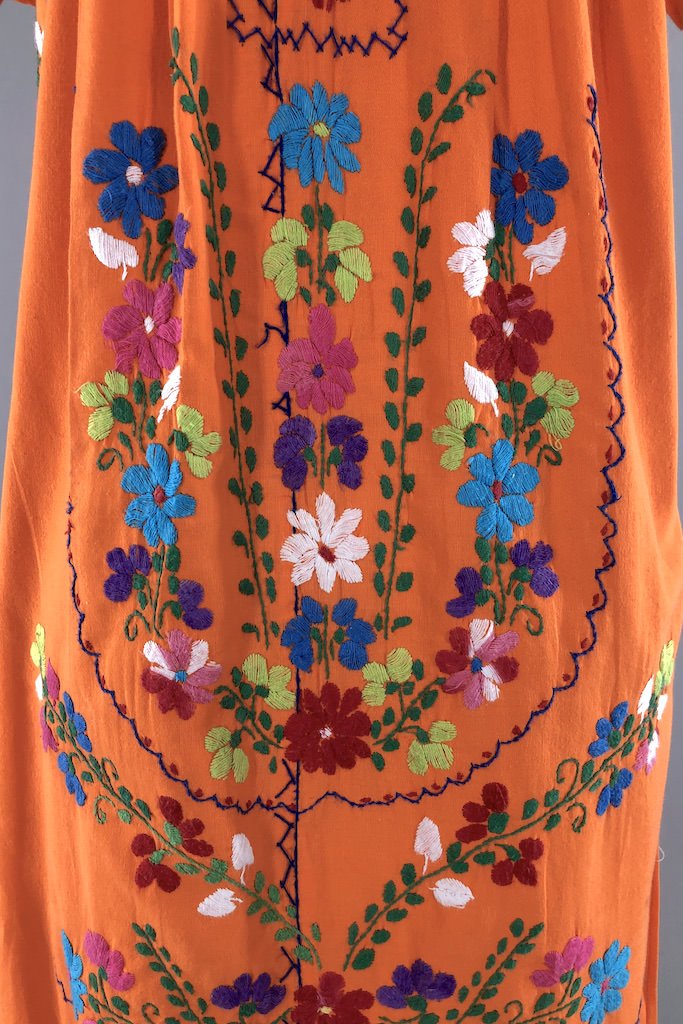 Vintage Orange Mexican Embroidered Dress-ThisBlueBird - Modern Vintage