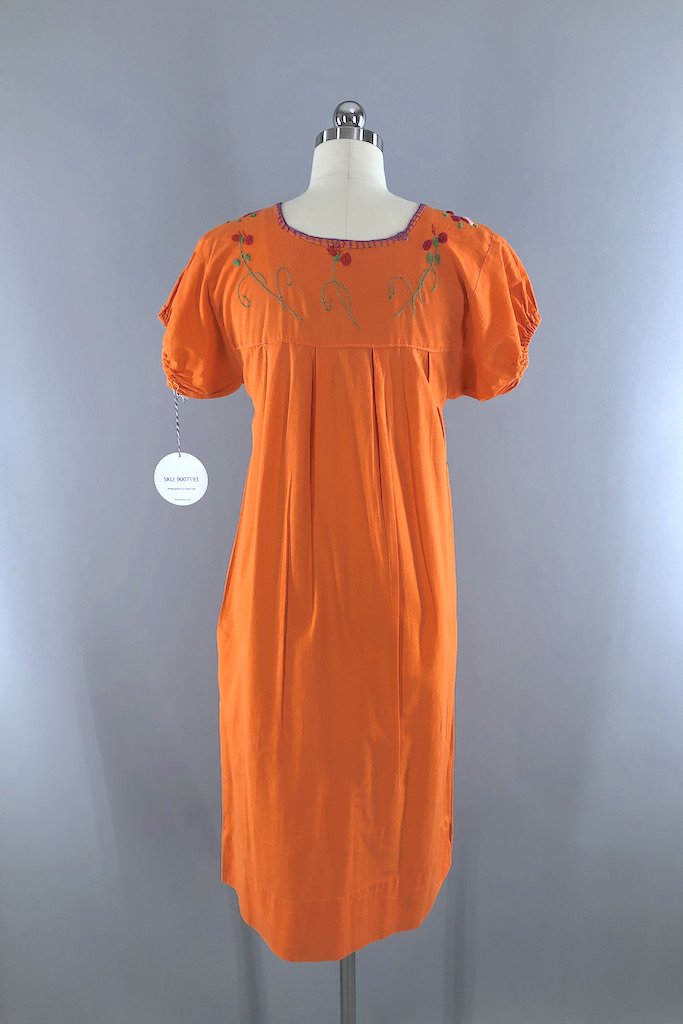 Vintage Orange Mexican Embroidered Dress-ThisBlueBird - Modern Vintage