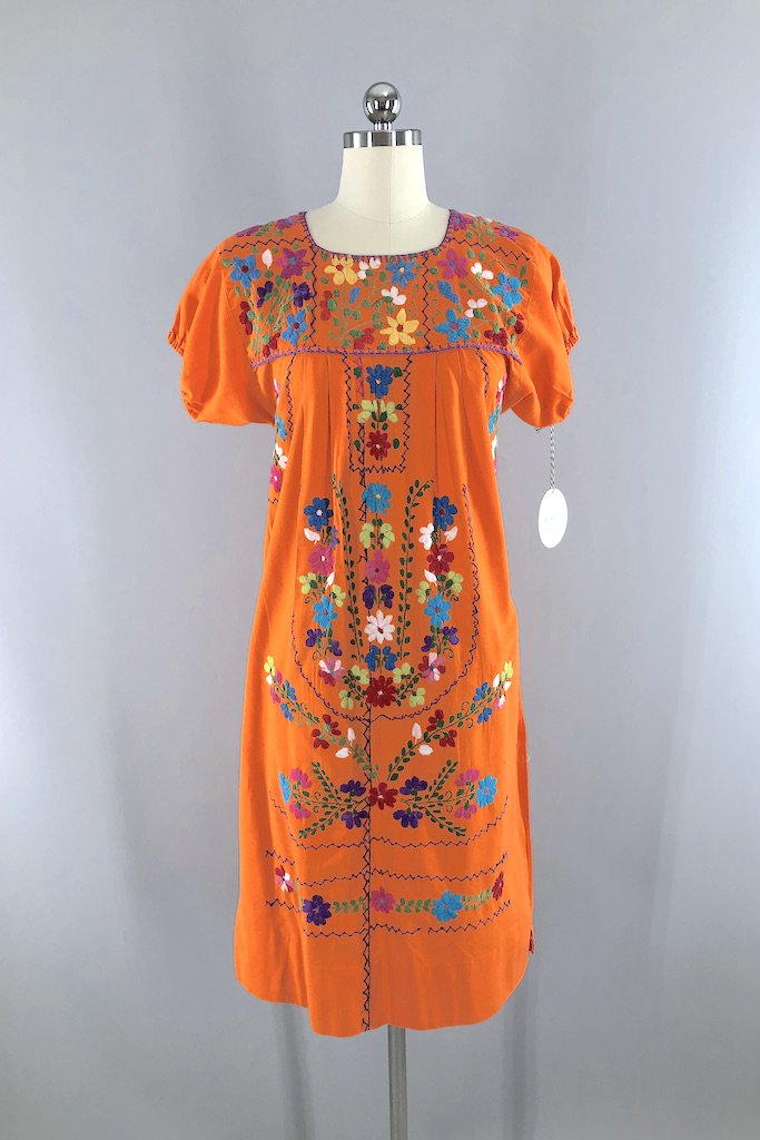 Vintage Orange Mexican Embroidered Dress-ThisBlueBird - Modern Vintage
