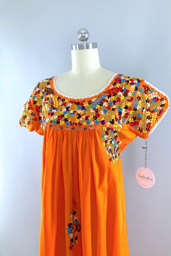 Vintage Orange Mexican Oaxaca Huilpil Embroidered Maxi Dress  ThisBlueBird