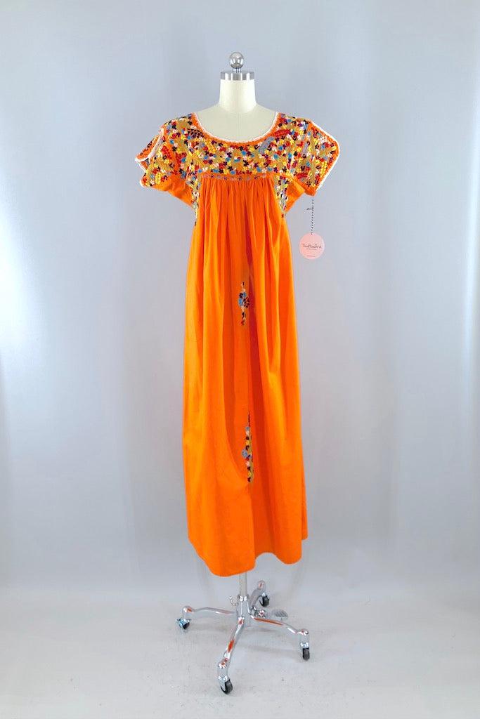 Vintage Orange Mexican Embroidered Maxi Dress-ThisBlueBird
