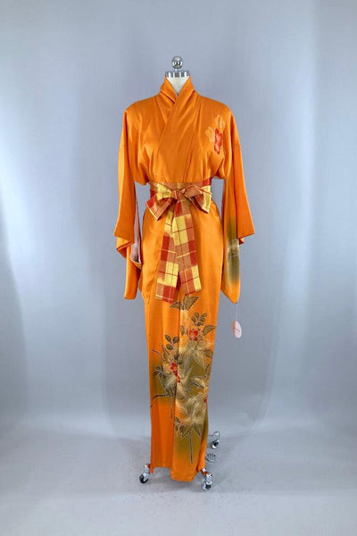 Vintage Orange & Olive Silk Kimono Robe-ThisBlueBird