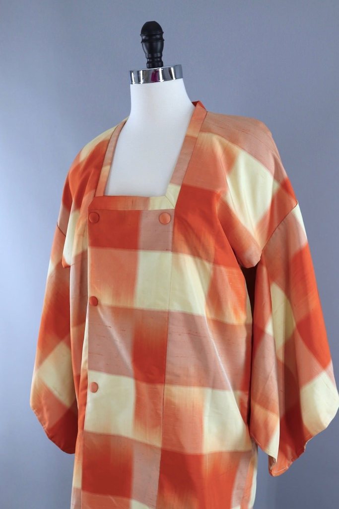 Vintage Silk Kimono Coat / Orange and Yellow Plaid Michiyuki - ThisBlueBird