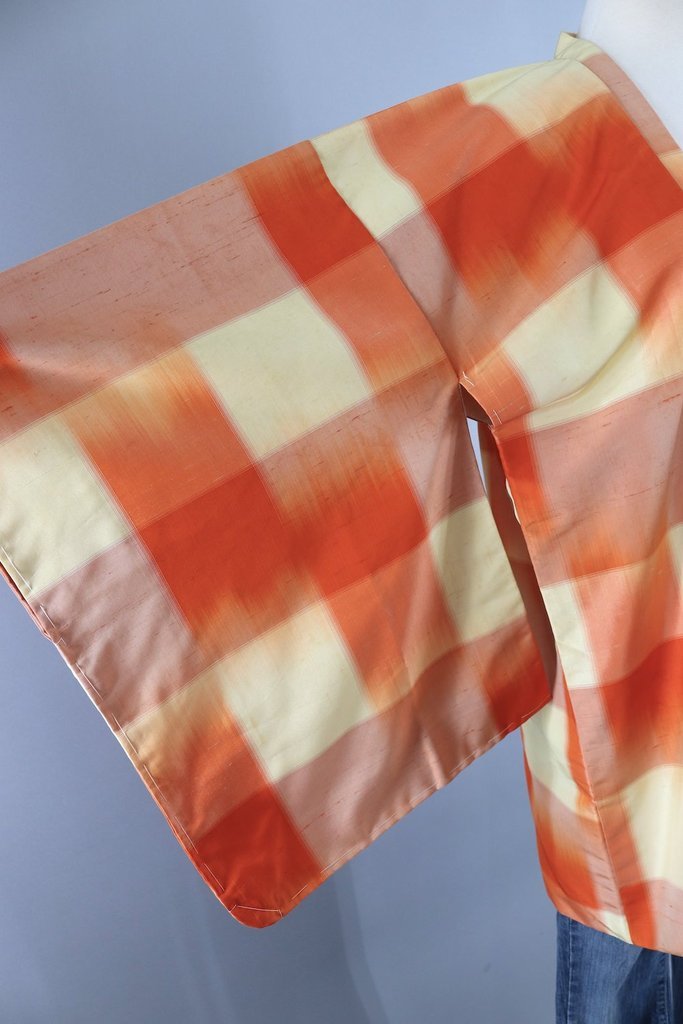 Vintage Silk Kimono Coat / Orange and Yellow Plaid Michiyuki - ThisBlueBird