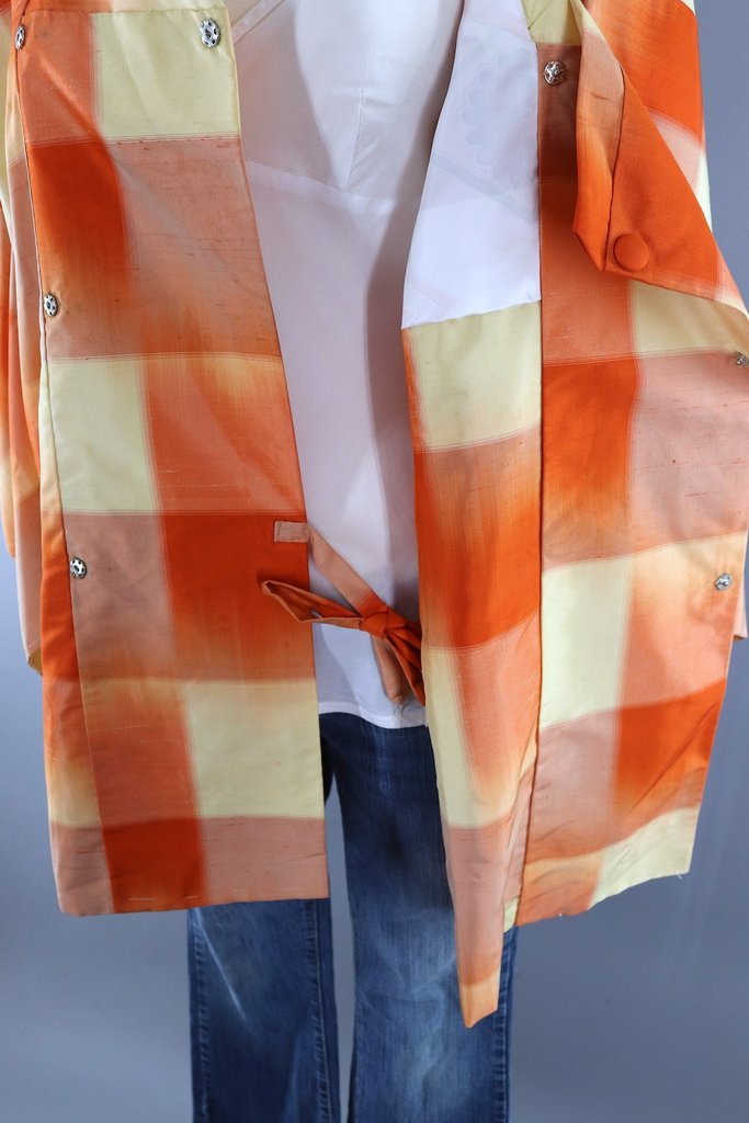 Vintage Silk Kimono Coat / Orange and Yellow Plaid Michiyuki - ThisBlueBird