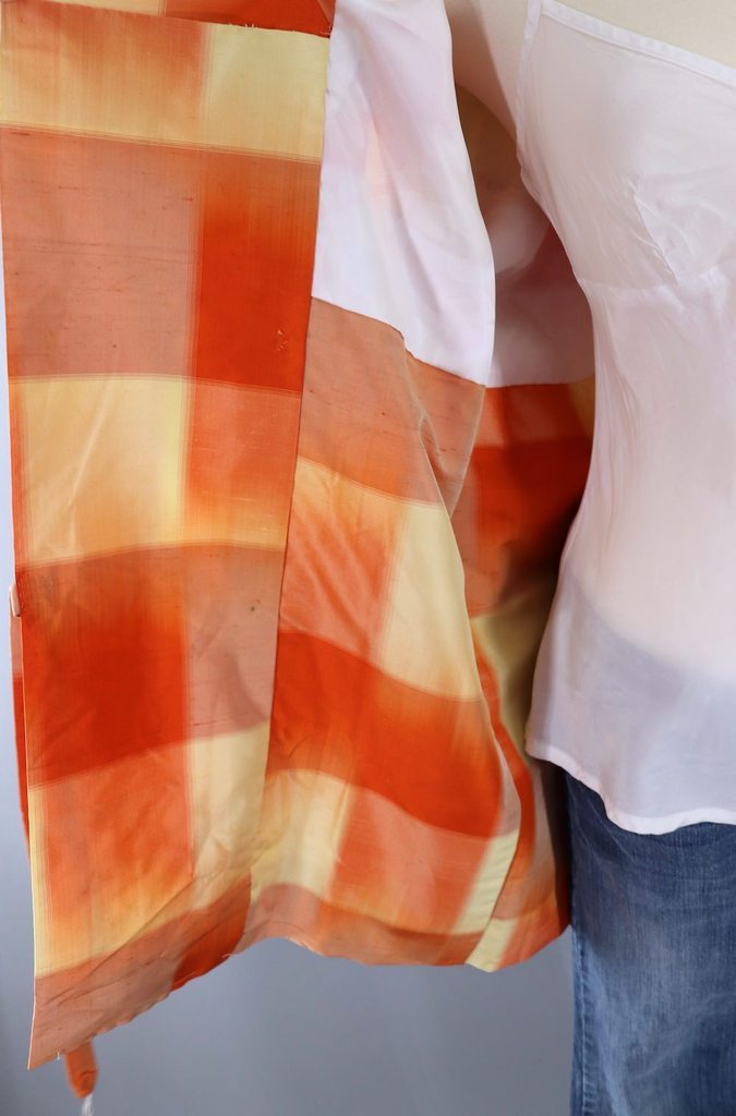 Vintage Silk Kimono Coat / Orange and Yellow Plaid Michiyuki - ThisBlueBird