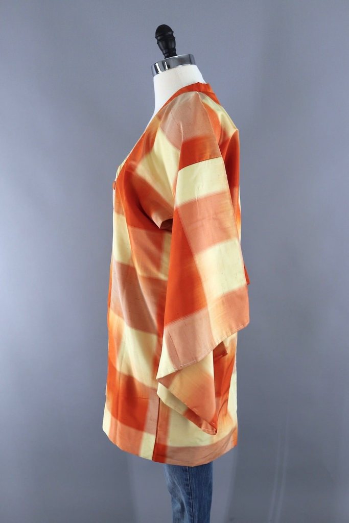 Vintage Silk Kimono Coat / Orange and Yellow Plaid Michiyuki - ThisBlueBird