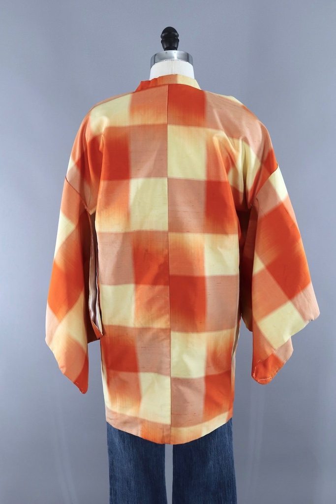 Vintage Silk Kimono Coat / Orange and Yellow Plaid Michiyuki - ThisBlueBird