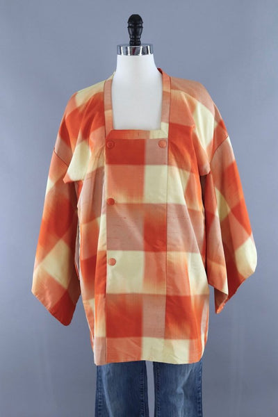 Vintage Silk Kimono Coat / Orange and Yellow Plaid Michiyuki - ThisBlueBird