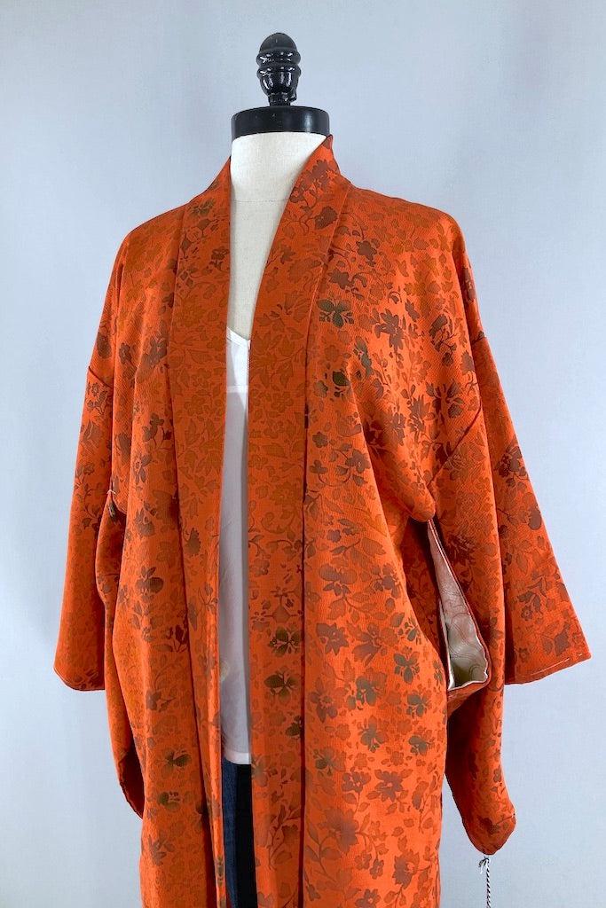 Vintage Orange Watercolor Floral Silk Kimono Cardigan-ThisBlueBird
