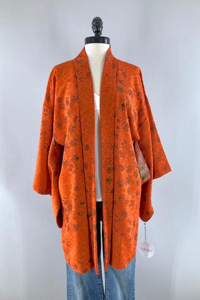 Vintage Orange Watercolor Floral Silk Kimono Cardigan-ThisBlueBird