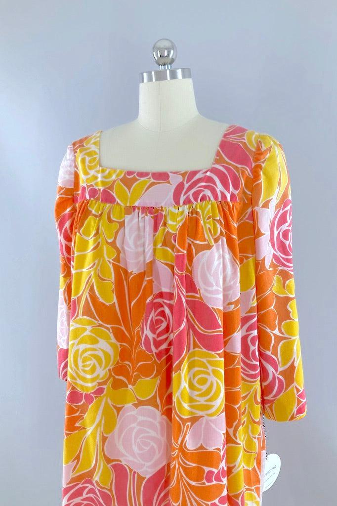 Vintage Orange &amp; Yellow Floral Caftan Dress-ThisBlueBird