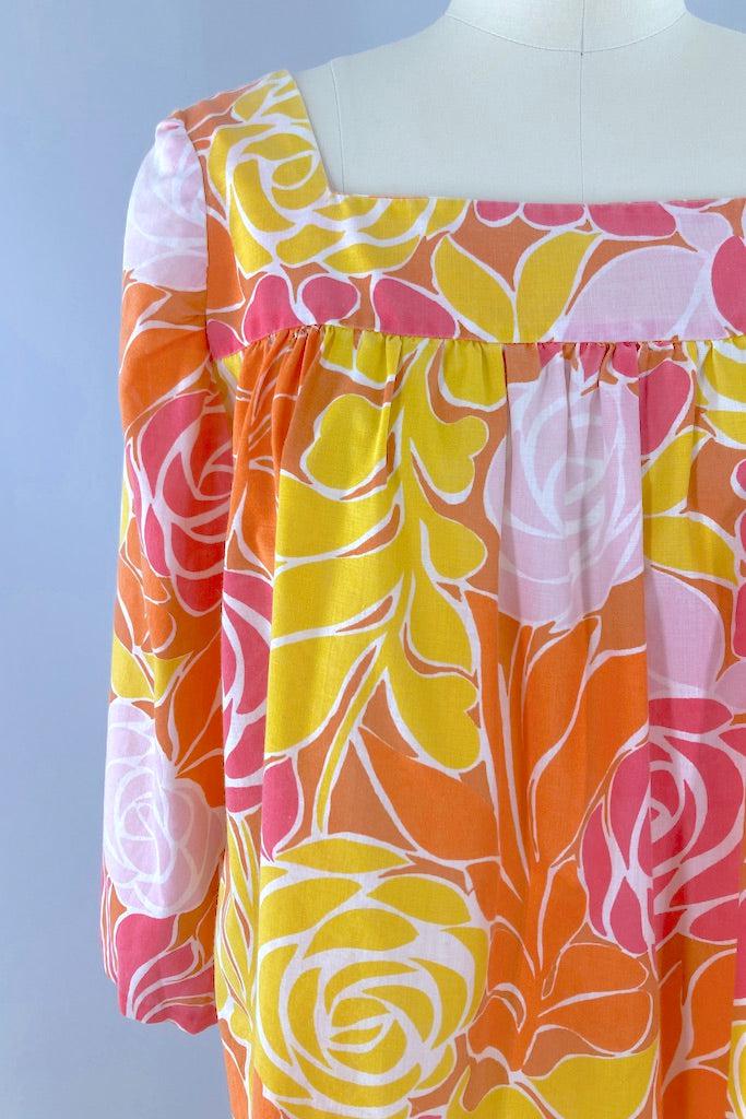 Vintage Orange &amp; Yellow Floral Caftan Dress-ThisBlueBird