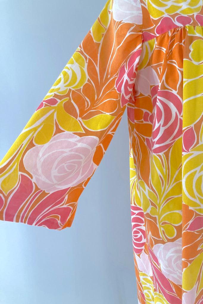 Vintage Orange &amp; Yellow Floral Caftan Dress-ThisBlueBird
