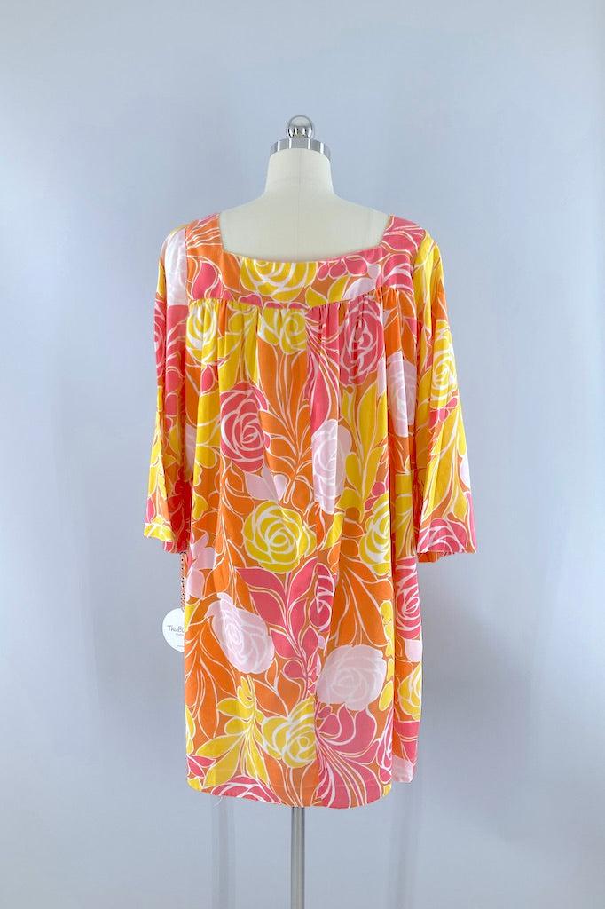 Vintage Orange &amp; Yellow Floral Caftan Dress-ThisBlueBird