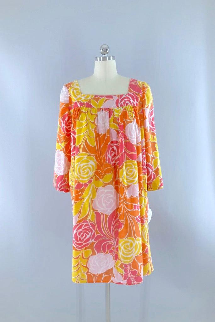 Vintage Orange &amp; Yellow Floral Caftan Dress-ThisBlueBird