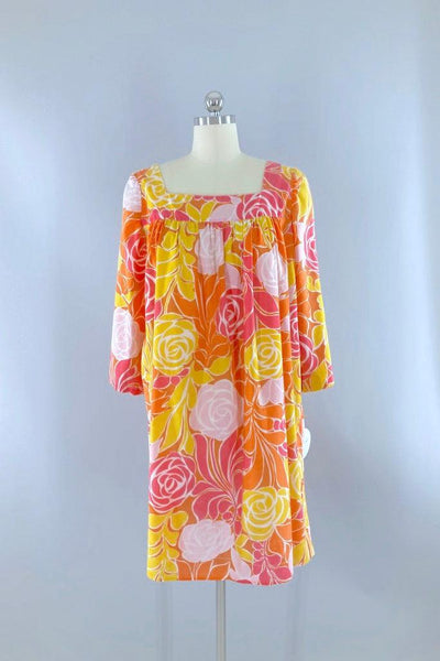 Vintage Orange & Yellow Floral Caftan Dress-ThisBlueBird
