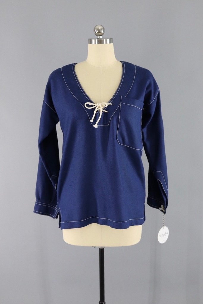 Vintage 1970s Oscar de la Renta Nautical Blue Tunic Top - ThisBlueBird