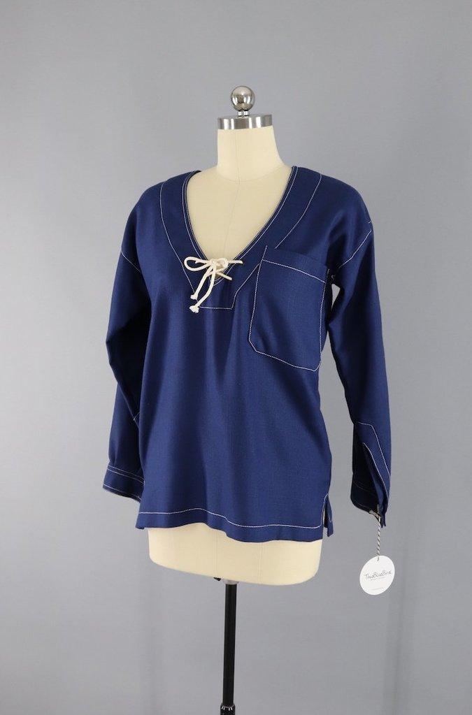 Vintage 1970s Oscar de la Renta Nautical Blue Tunic Top - ThisBlueBird