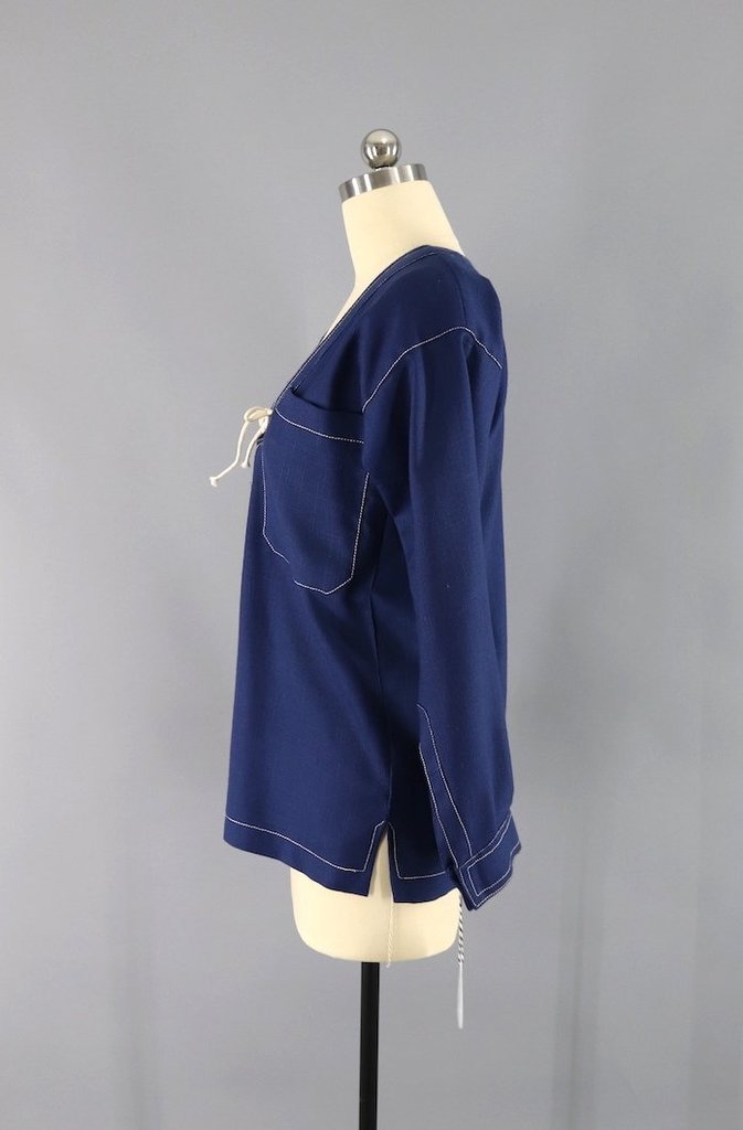 Vintage 1970s Oscar de la Renta Nautical Blue Tunic Top - ThisBlueBird