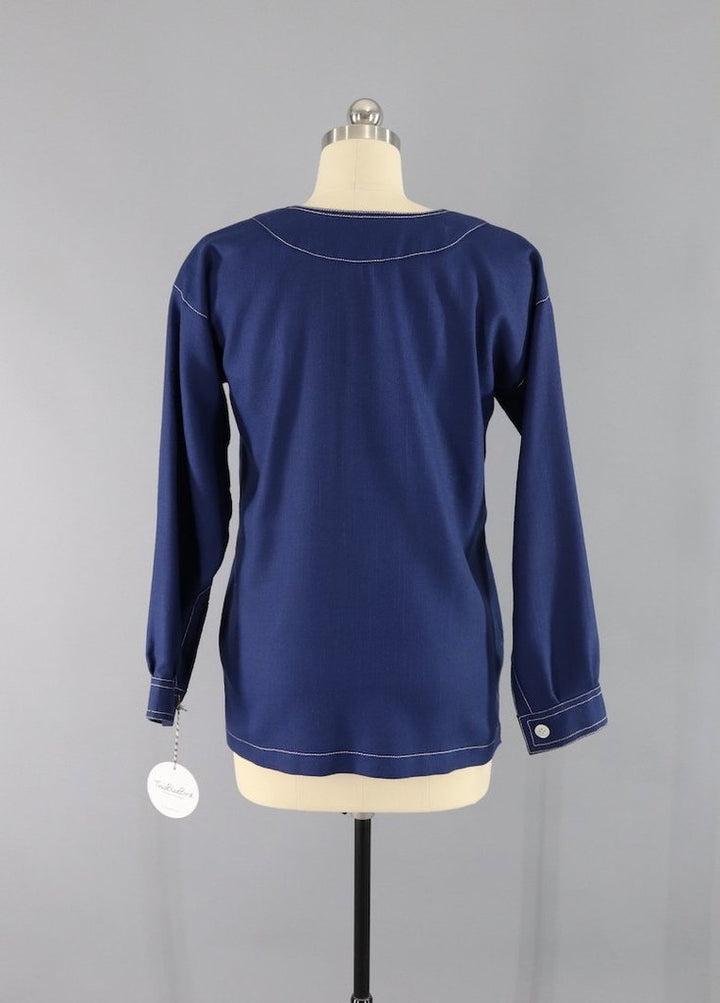 Vintage 1970s Oscar de la Renta Nautical Blue Tunic Top - ThisBlueBird