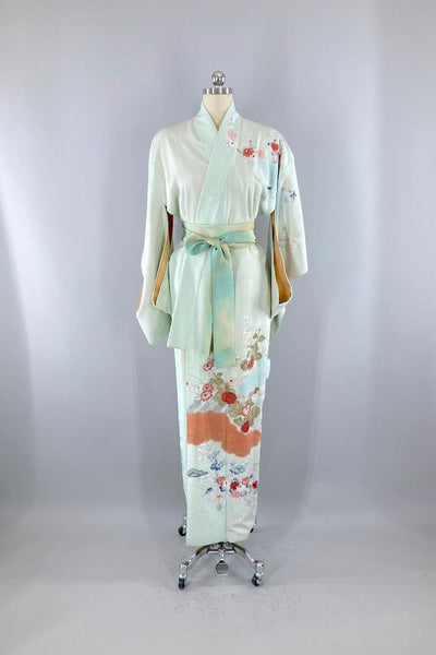 Vintage Pale Blue Green Silk Kimono Robe-ThisBlueBird