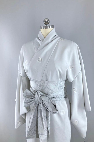 Vintage Pale Grey Floral Silk Kimono-ThisBlueBird