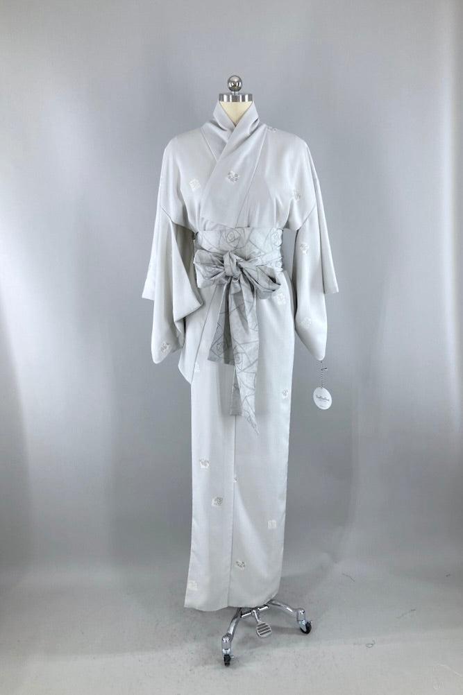 Vintage Pale Grey Floral Silk Kimono-ThisBlueBird
