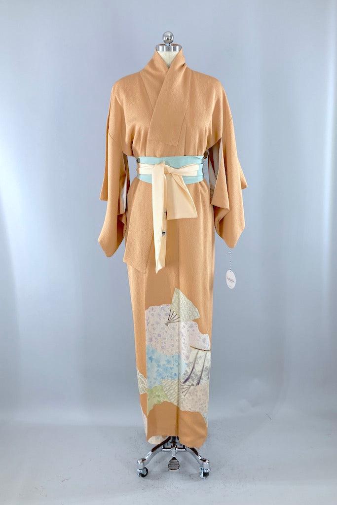 Vintage Pale Orange Floral Silk Kimono Robe-ThisBlueBird