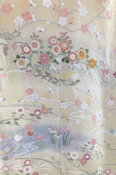 Vintage Pale Yellow Green Floral Silk Kimono Robe-ThisBlueBird