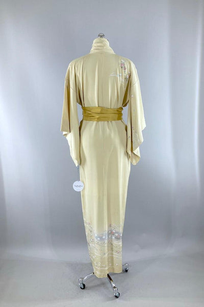 Vintage Pale Yellow Green Floral Silk Kimono Robe-ThisBlueBird