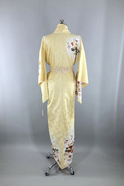 Vintage Pale Yellow Satin Floral Kimono Robe-ThisBlueBird - Modern Vintage