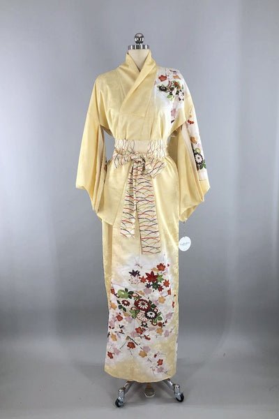 Vintage Pale Yellow Satin Floral Kimono Robe-ThisBlueBird - Modern Vintage