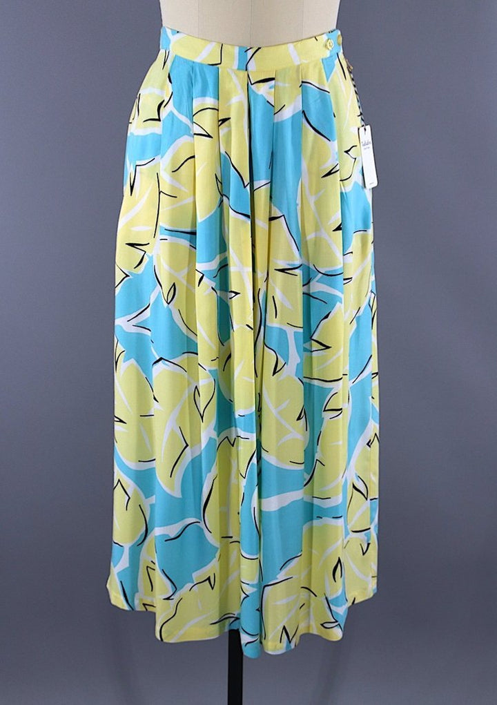 Vintage 1980s Midi Skirt / Yellow &amp; Aqua Palm Leaf Print - ThisBlueBird