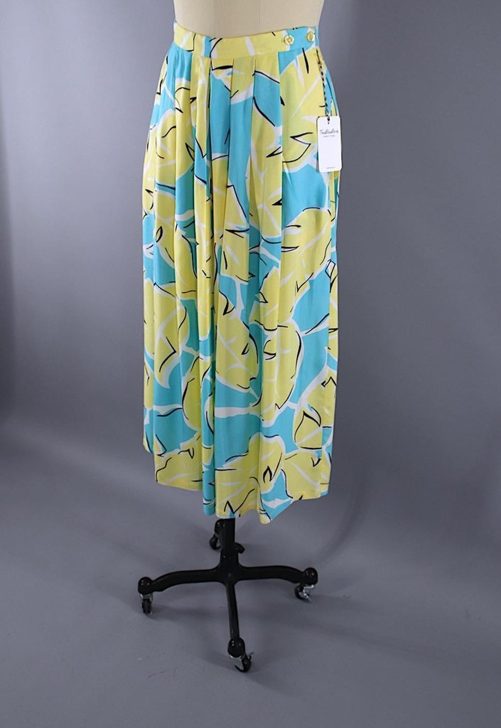 Vintage 1980s Midi Skirt / Yellow &amp; Aqua Palm Leaf Print - ThisBlueBird