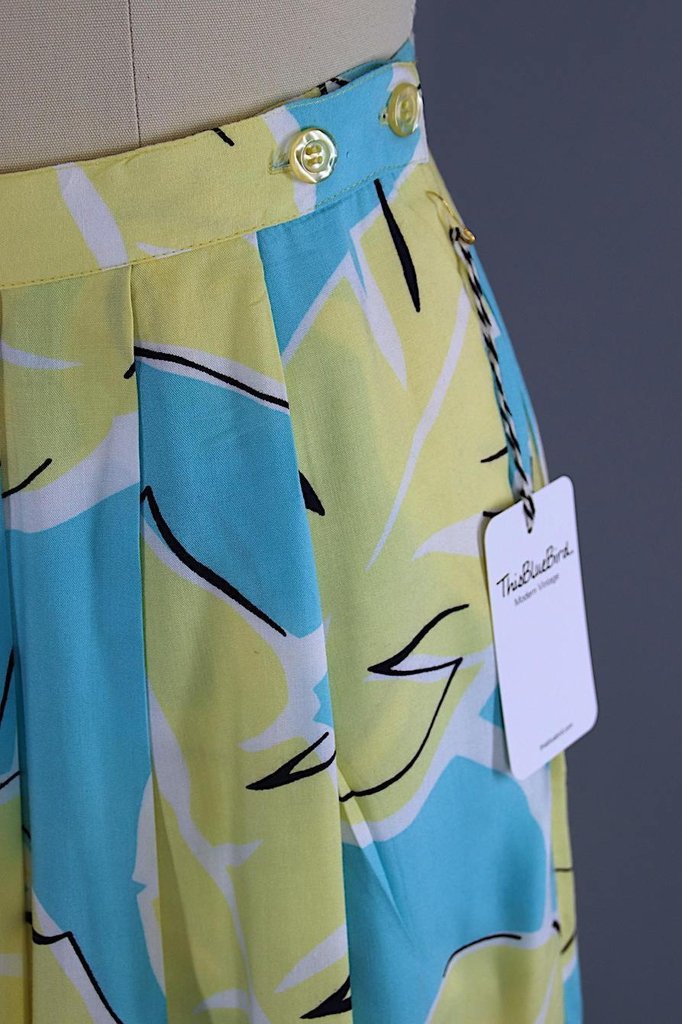 Vintage 1980s Midi Skirt / Yellow &amp; Aqua Palm Leaf Print - ThisBlueBird