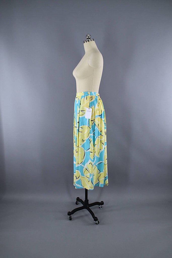 Vintage 1980s Midi Skirt / Yellow &amp; Aqua Palm Leaf Print - ThisBlueBird