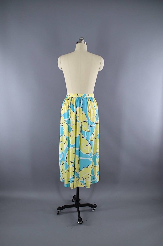 Vintage 1980s Midi Skirt / Yellow &amp; Aqua Palm Leaf Print - ThisBlueBird