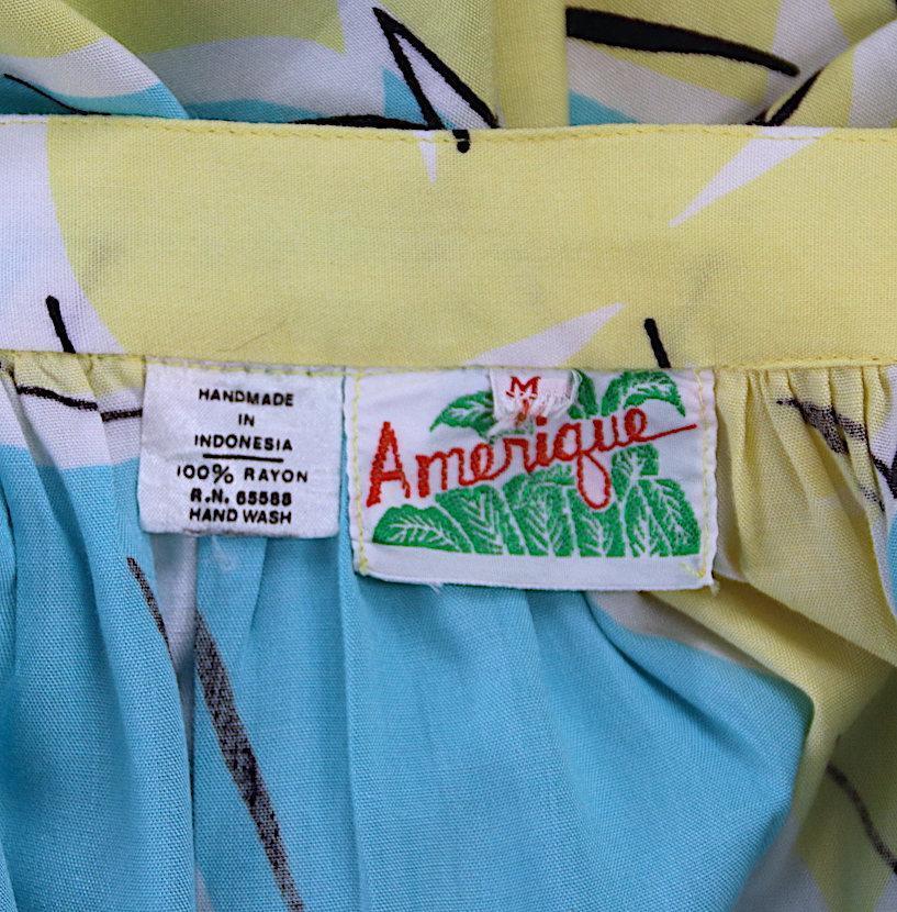Vintage 1980s Midi Skirt / Yellow &amp; Aqua Palm Leaf Print - ThisBlueBird