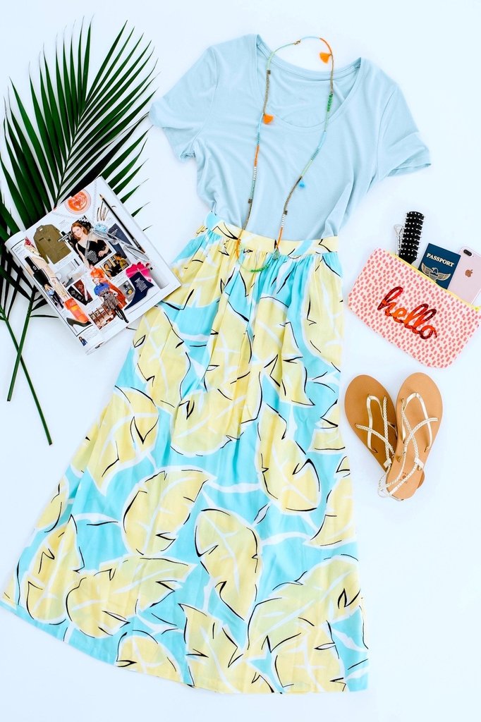 Vintage 1980s Midi Skirt / Yellow &amp; Aqua Palm Leaf Print-ThisBlueBird - Modern Vintage
