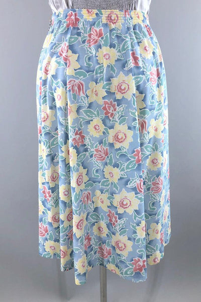 Vintage Pastel Blue Floral Print Skirt-ThisBlueBird