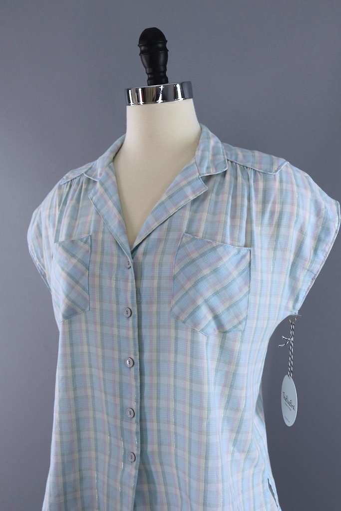 Vintage Pastel Blue Plaid Blouse-ThisBlueBird - Modern Vintage
