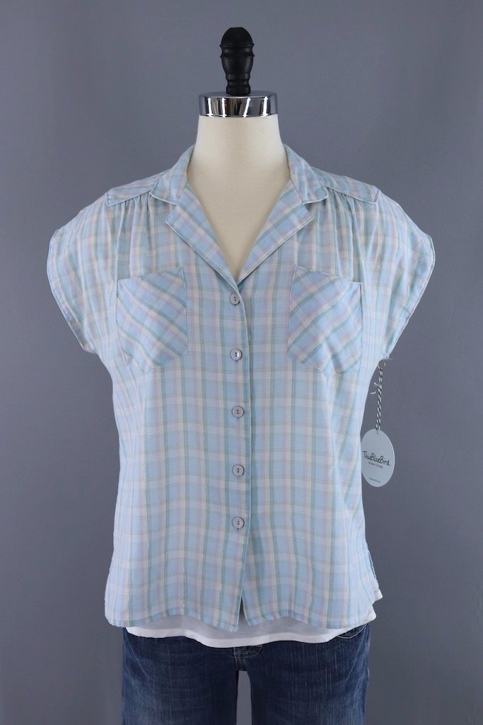 Vintage Pastel Blue Plaid Blouse-ThisBlueBird - Modern Vintage